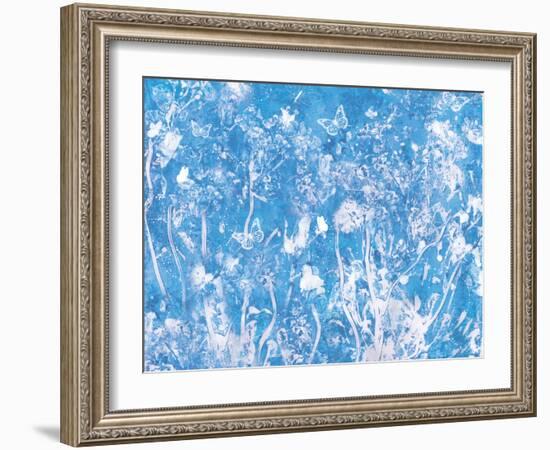 Blue Painted Texture Background with White Floral and butterflies-Bee Sturgis-Framed Art Print