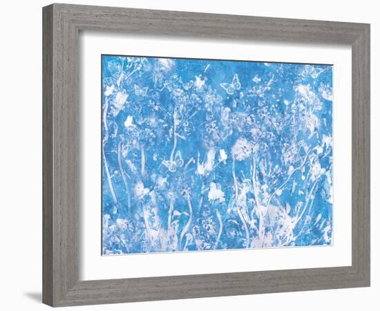 Blue Painted Texture Background with White Floral and butterflies-Bee Sturgis-Framed Art Print