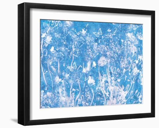 Blue Painted Texture Background with White Floral and butterflies-Bee Sturgis-Framed Art Print