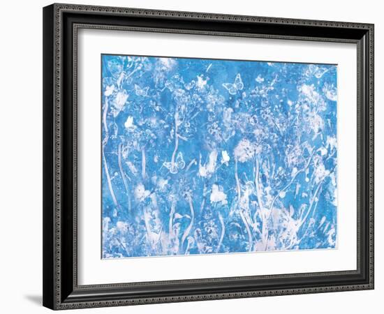 Blue Painted Texture Background with White Floral and butterflies-Bee Sturgis-Framed Art Print