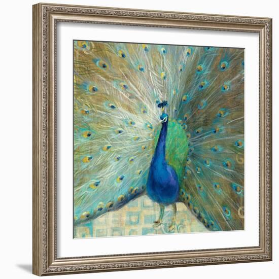 Blue Peacock on Gold-Danhui Nai-Framed Art Print