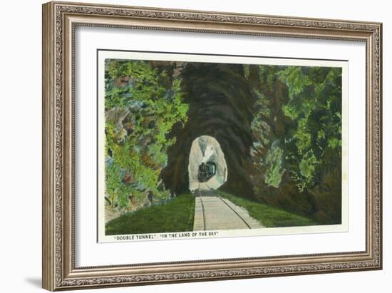 Blue Ridge Mountains, North Carolina - Train in Double Tunnel Scene-Lantern Press-Framed Art Print