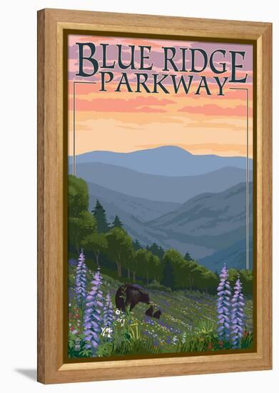 Blue Ridge Parkway - Bear Family and Spring Flowers-Lantern Press-Framed Stretched Canvas