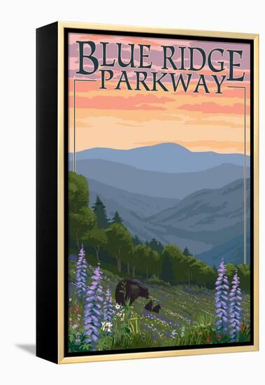 Blue Ridge Parkway - Bear Family and Spring Flowers-Lantern Press-Framed Stretched Canvas