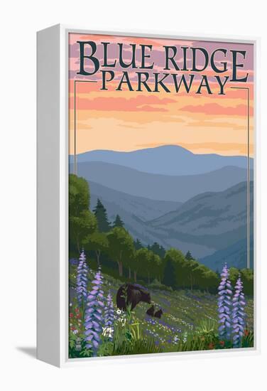 Blue Ridge Parkway - Bear Family and Spring Flowers-Lantern Press-Framed Stretched Canvas