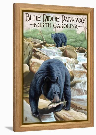 Blue Ridge Parkway, North Carolina - Black Bears Fishing-Lantern Press-Framed Stretched Canvas