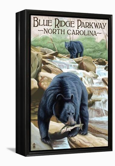 Blue Ridge Parkway, North Carolina - Black Bears Fishing-Lantern Press-Framed Stretched Canvas