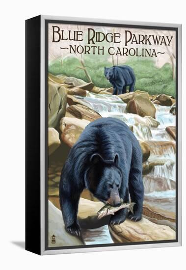 Blue Ridge Parkway, North Carolina - Black Bears Fishing-Lantern Press-Framed Stretched Canvas