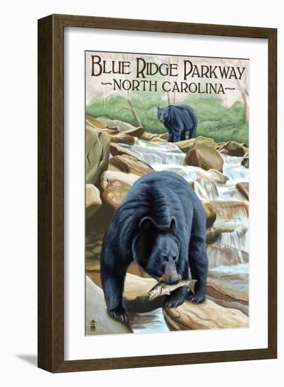 Blue Ridge Parkway, North Carolina - Black Bears Fishing-Lantern Press-Framed Art Print