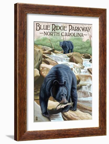 Blue Ridge Parkway, North Carolina - Black Bears Fishing-Lantern Press-Framed Art Print