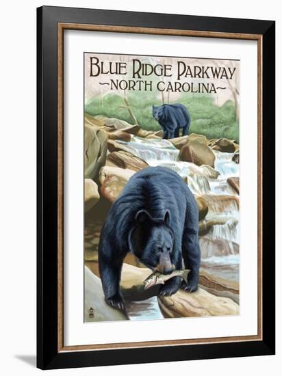 Blue Ridge Parkway, North Carolina - Black Bears Fishing-Lantern Press-Framed Art Print