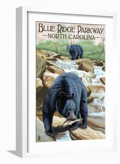 Blue Ridge Parkway, North Carolina - Black Bears Fishing-Lantern Press-Framed Art Print