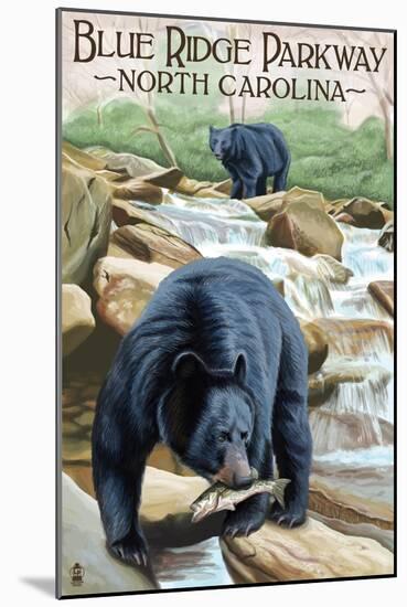 Blue Ridge Parkway, North Carolina - Black Bears Fishing-Lantern Press-Mounted Art Print