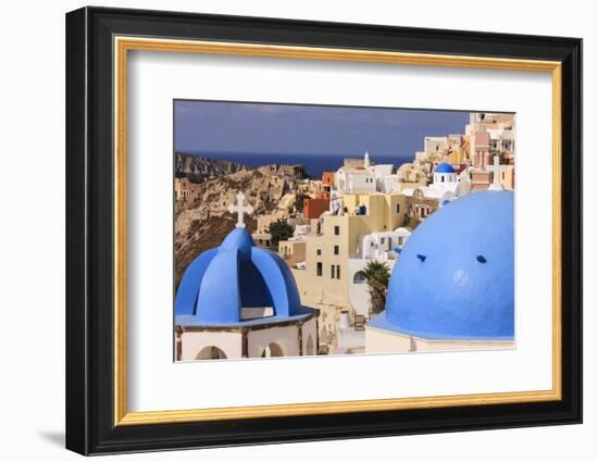 Blue Roofed Churches, Cities Embrace the Steep Mountain Sides, Santorini, Greece-Tom Norring-Framed Photographic Print