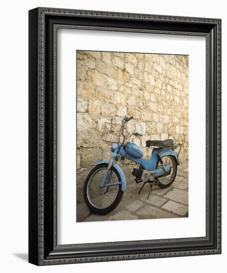 Blue scooter bike by old stone wall, Hvar Town, Hvar Island, Dalmatia, Croatia-Merrill Images-Framed Photographic Print