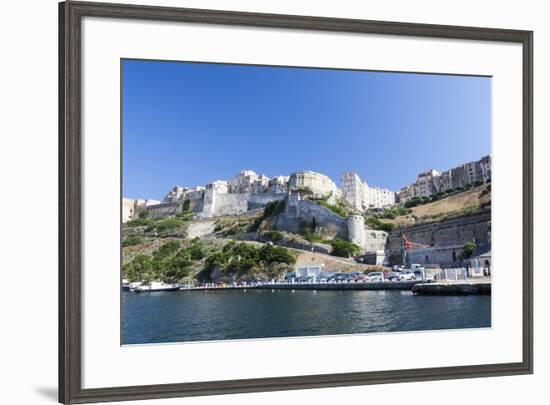 Blue sea frames the medieval old town and fortress, Bonifacio, Corsica, France, Mediterranean, Euro-Roberto Moiola-Framed Photographic Print