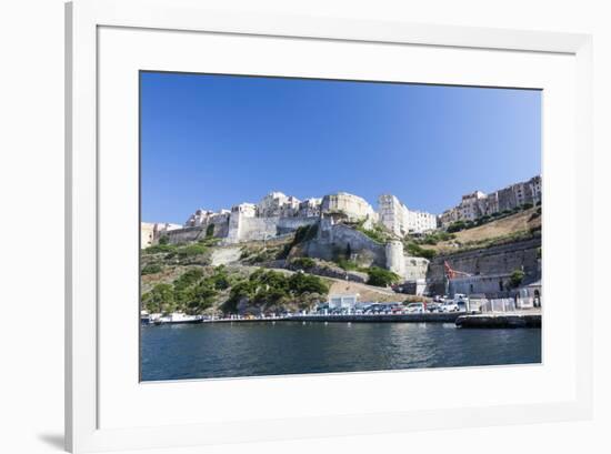 Blue sea frames the medieval old town and fortress, Bonifacio, Corsica, France, Mediterranean, Euro-Roberto Moiola-Framed Photographic Print
