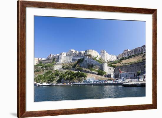 Blue sea frames the medieval old town and fortress, Bonifacio, Corsica, France, Mediterranean, Euro-Roberto Moiola-Framed Photographic Print