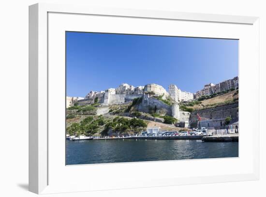 Blue sea frames the medieval old town and fortress, Bonifacio, Corsica, France, Mediterranean, Euro-Roberto Moiola-Framed Photographic Print