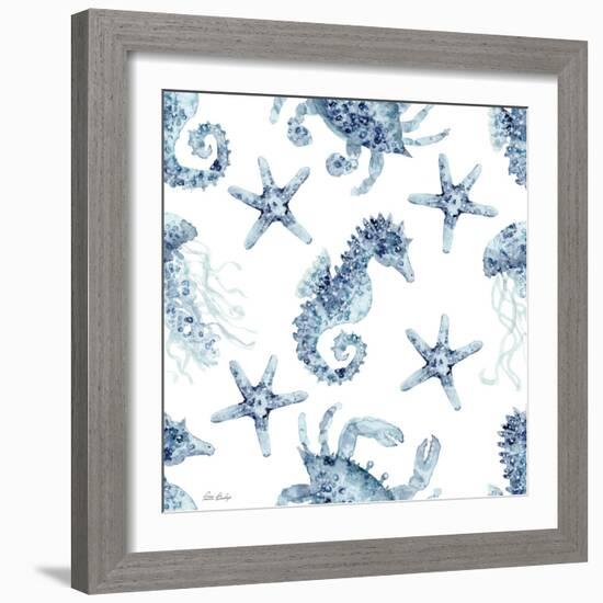 Blue Seahorse Starfish Pattern-Patti Bishop-Framed Art Print