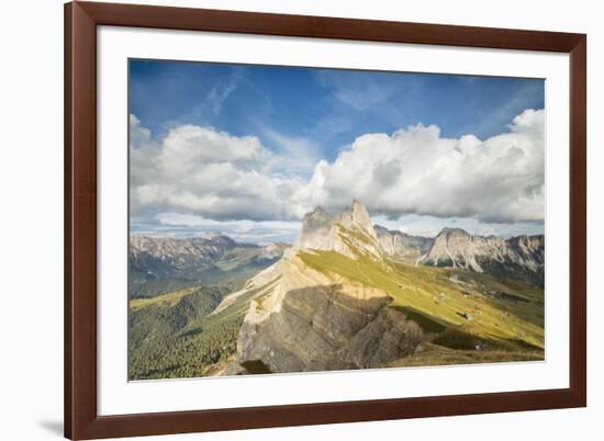 Blue sky and clouds on the rocky peaks of the Odle mountain range seen from Seceda, Val Gardena, Tr-Roberto Moiola-Framed Photographic Print