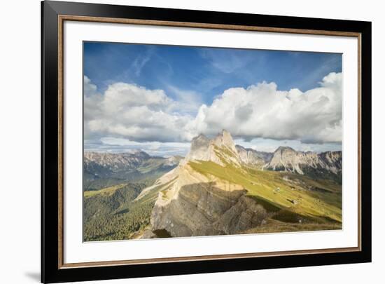 Blue sky and clouds on the rocky peaks of the Odle mountain range seen from Seceda, Val Gardena, Tr-Roberto Moiola-Framed Photographic Print