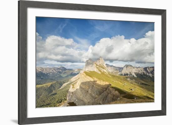 Blue sky and clouds on the rocky peaks of the Odle mountain range seen from Seceda, Val Gardena, Tr-Roberto Moiola-Framed Photographic Print