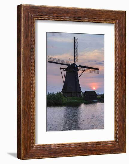 Blue Sky and Pink Clouds on the Windmill Reflected in the Canal at Dawn, Netherlands-Roberto Moiola-Framed Photographic Print