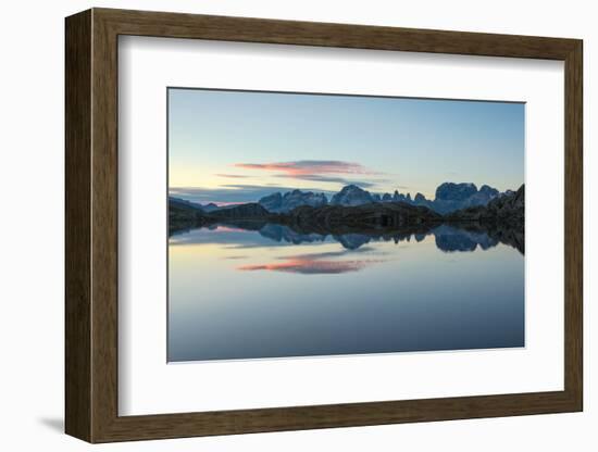 Blue sky and pink clouds reflected in Lago Nero at dawn, Cornisello Pinzolo, Brenta Dolomites, Tren-Roberto Moiola-Framed Photographic Print