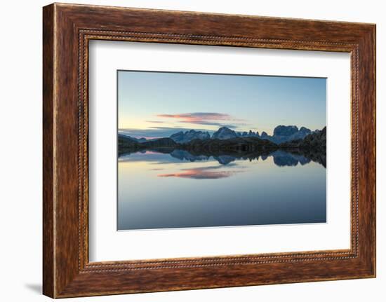 Blue sky and pink clouds reflected in Lago Nero at dawn, Cornisello Pinzolo, Brenta Dolomites, Tren-Roberto Moiola-Framed Photographic Print