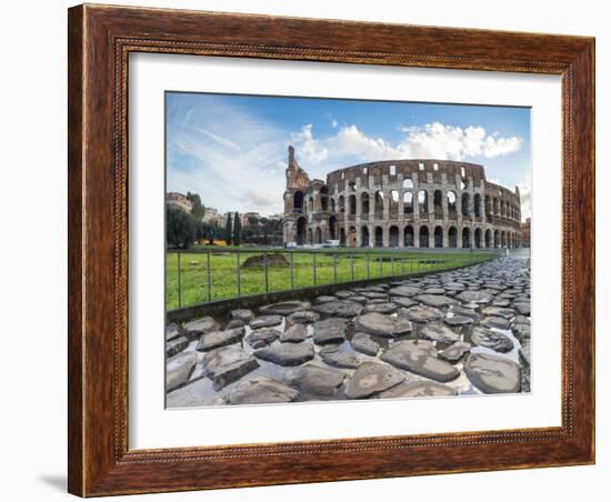 Blue sky at sunrise frames the ancient Colosseum (Flavian Amphitheatre), UNESCO World Heritage Site-Roberto Moiola-Framed Photographic Print
