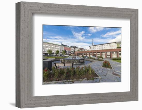 Blue sky frames a statue in the old square of the city center of Narvik, Ofotfjorden, Nordland, Nor-Roberto Moiola-Framed Photographic Print