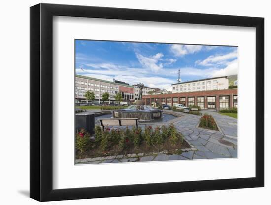 Blue sky frames a statue in the old square of the city center of Narvik, Ofotfjorden, Nordland, Nor-Roberto Moiola-Framed Photographic Print