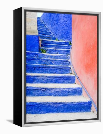 Blue Stairs Leading to Restaurant, Guanajuato, Mexico-Julie Eggers-Framed Premier Image Canvas