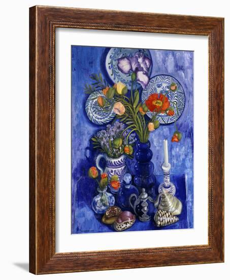 Blue Still Life with Poppies and Shells-Isy Ochoa-Framed Giclee Print