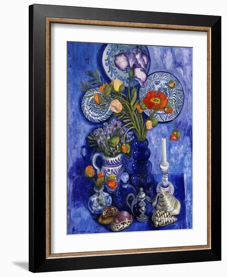 Blue Still Life with Poppies and Shells-Isy Ochoa-Framed Giclee Print