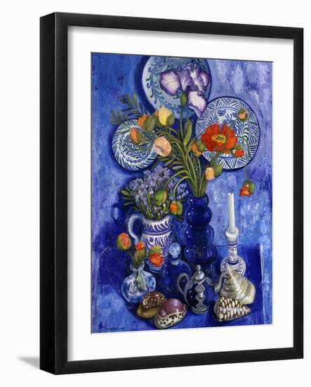 Blue Still Life with Poppies and Shells-Isy Ochoa-Framed Giclee Print