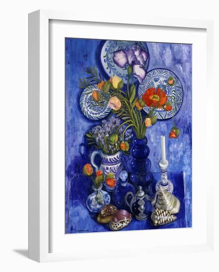 Blue Still Life with Poppies and Shells-Isy Ochoa-Framed Giclee Print