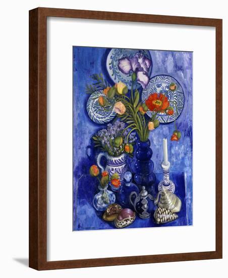 Blue Still Life with Poppies and Shells-Isy Ochoa-Framed Giclee Print