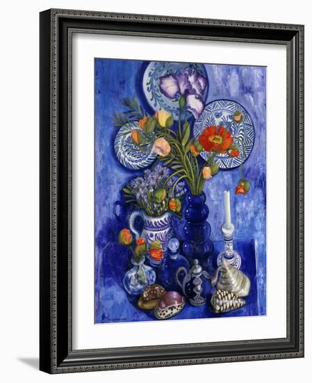 Blue Still Life with Poppies and Shells-Isy Ochoa-Framed Giclee Print