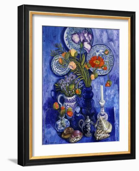 Blue Still Life with Poppies and Shells-Isy Ochoa-Framed Giclee Print