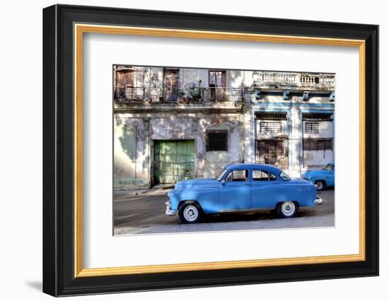 Blue Vintage American Car Parked on a Street in Havana Centro-Lee Frost-Framed Photographic Print