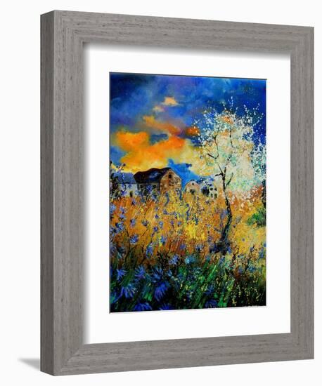 Blue wild flowers and blooming tree-Pol Ledent-Framed Art Print