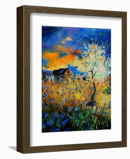 Blue wild flowers and blooming tree-Pol Ledent-Framed Art Print