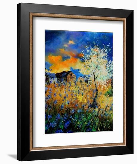 Blue wild flowers and blooming tree-Pol Ledent-Framed Art Print