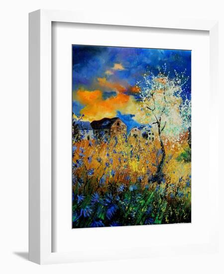 Blue wild flowers and blooming tree-Pol Ledent-Framed Art Print