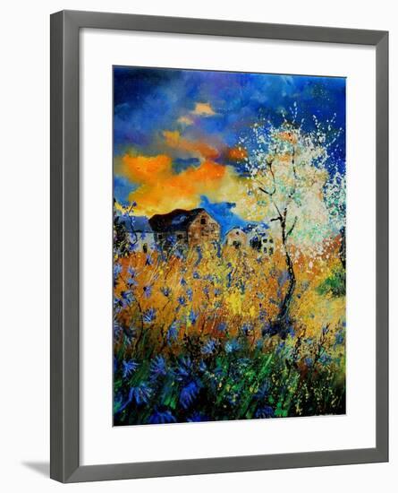 Blue wild flowers and blooming tree-Pol Ledent-Framed Art Print