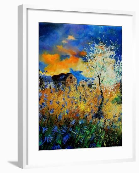 Blue wild flowers and blooming tree-Pol Ledent-Framed Art Print