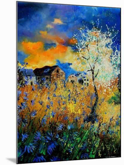 Blue wild flowers and blooming tree-Pol Ledent-Mounted Art Print