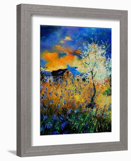 Blue wild flowers and blooming tree-Pol Ledent-Framed Art Print